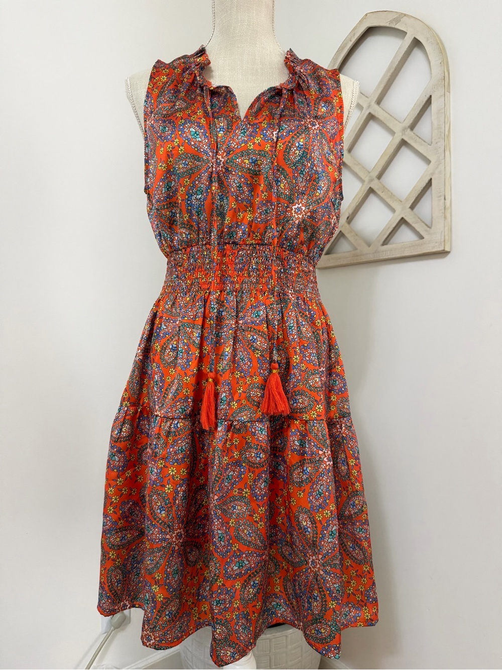 THML Sleeveless Tassel Tie Floral Dress Orange Women’s Size Small